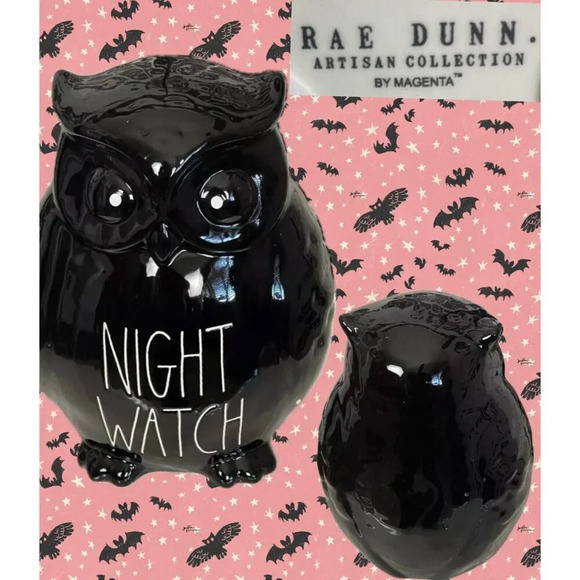 Rae Dunn Black Ceramic White Text Etched "Night Watch" Owl Figurine - Picture 1 of 5